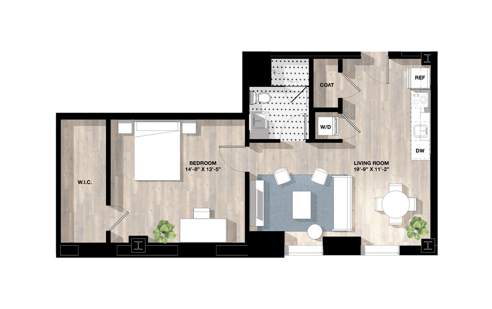 1 Bed 1U - 1 bedroom floorplan layout with 1 bath and 766 square feet.