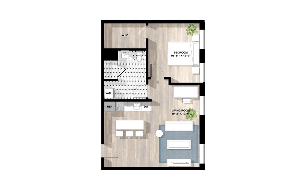 1 Bed 1 B - 1 bedroom floorplan layout with 1 bath and 699 square feet.